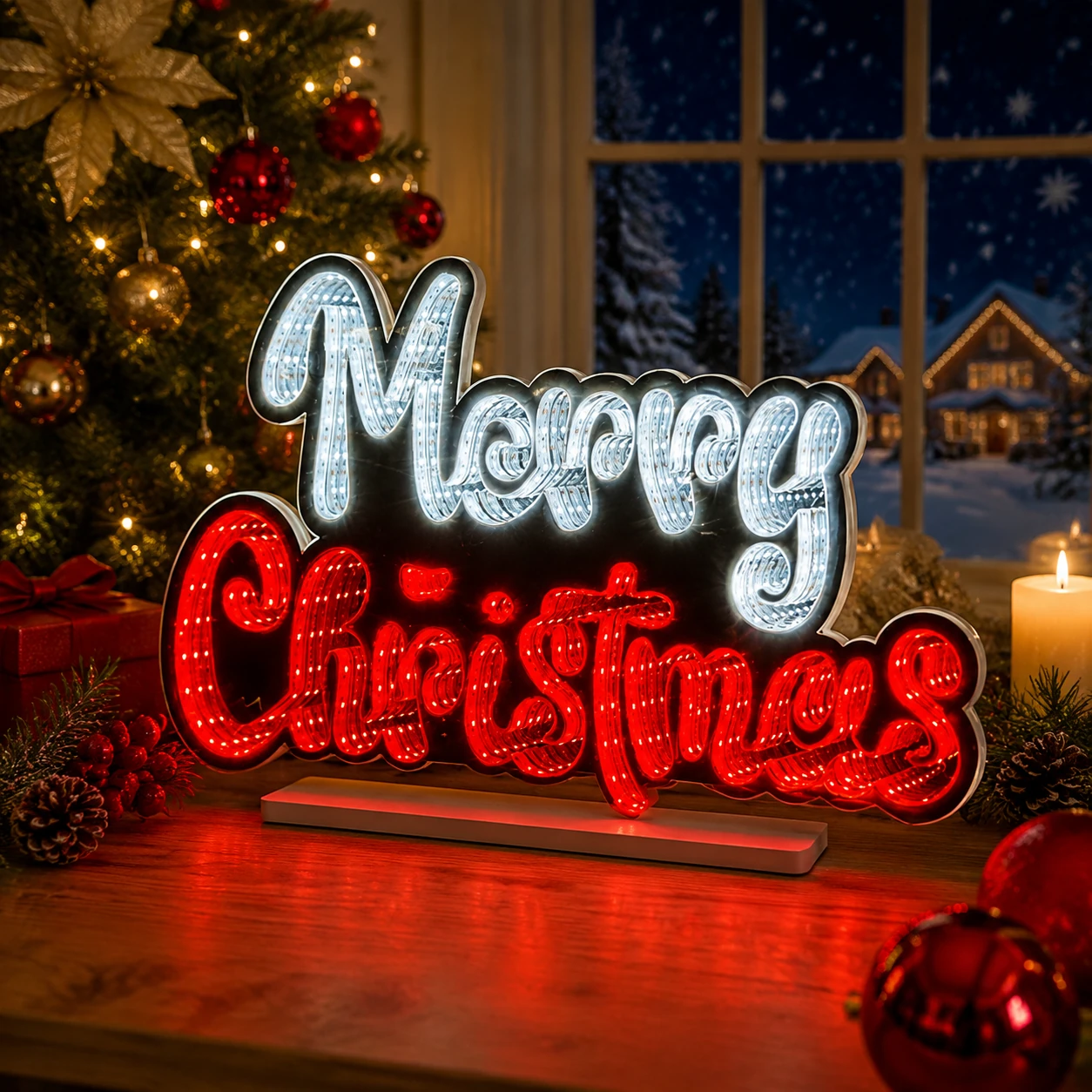 Merry Christmas infinity mirror light in a holiday setting