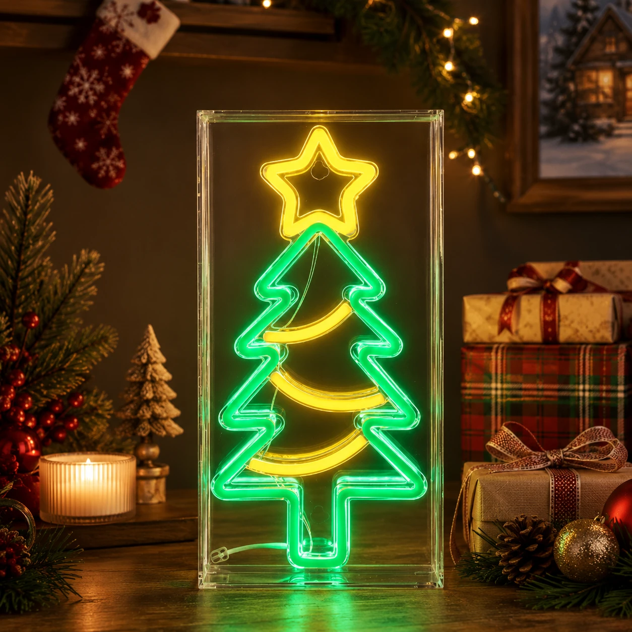 Christmas tree neon light box on a festive tabletop