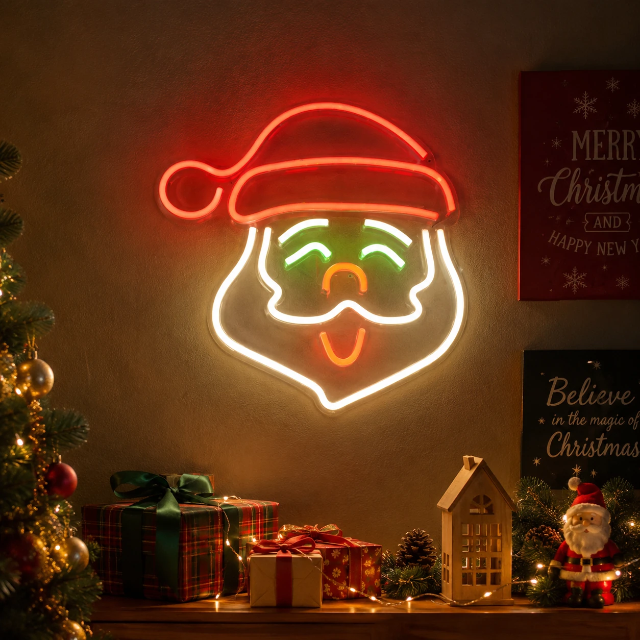 Christmas Santa neon light sign in a festive room