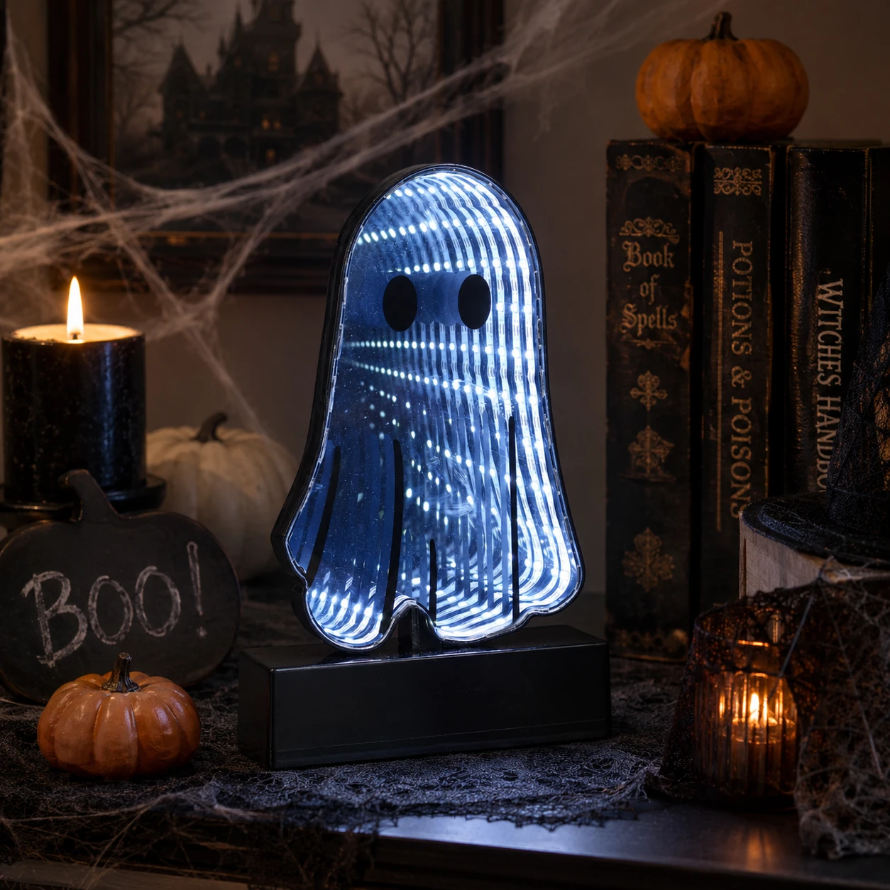 Halloween ghost infinity mirror light in a spooky display