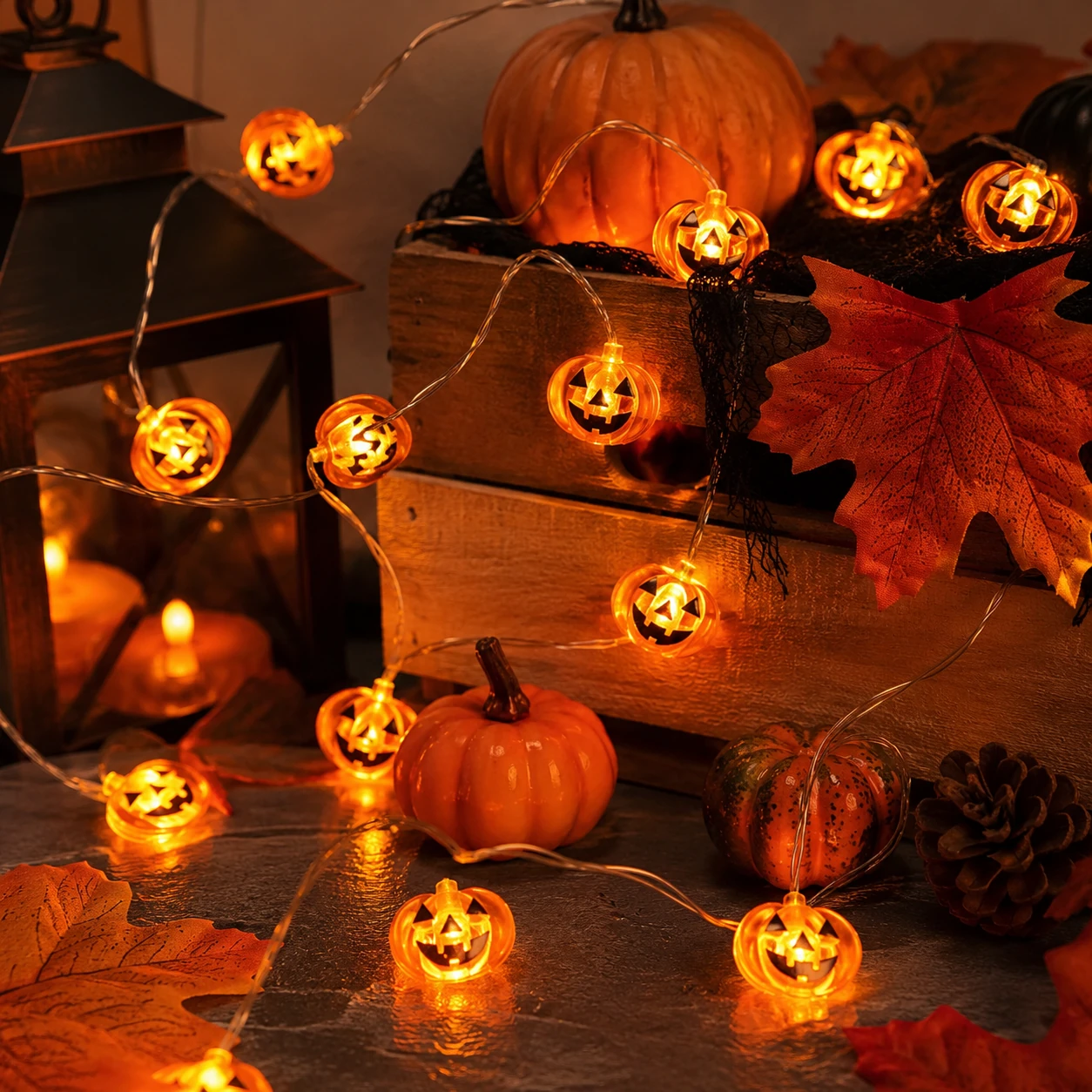 Halloween pumpkin light strings with warm orange glow