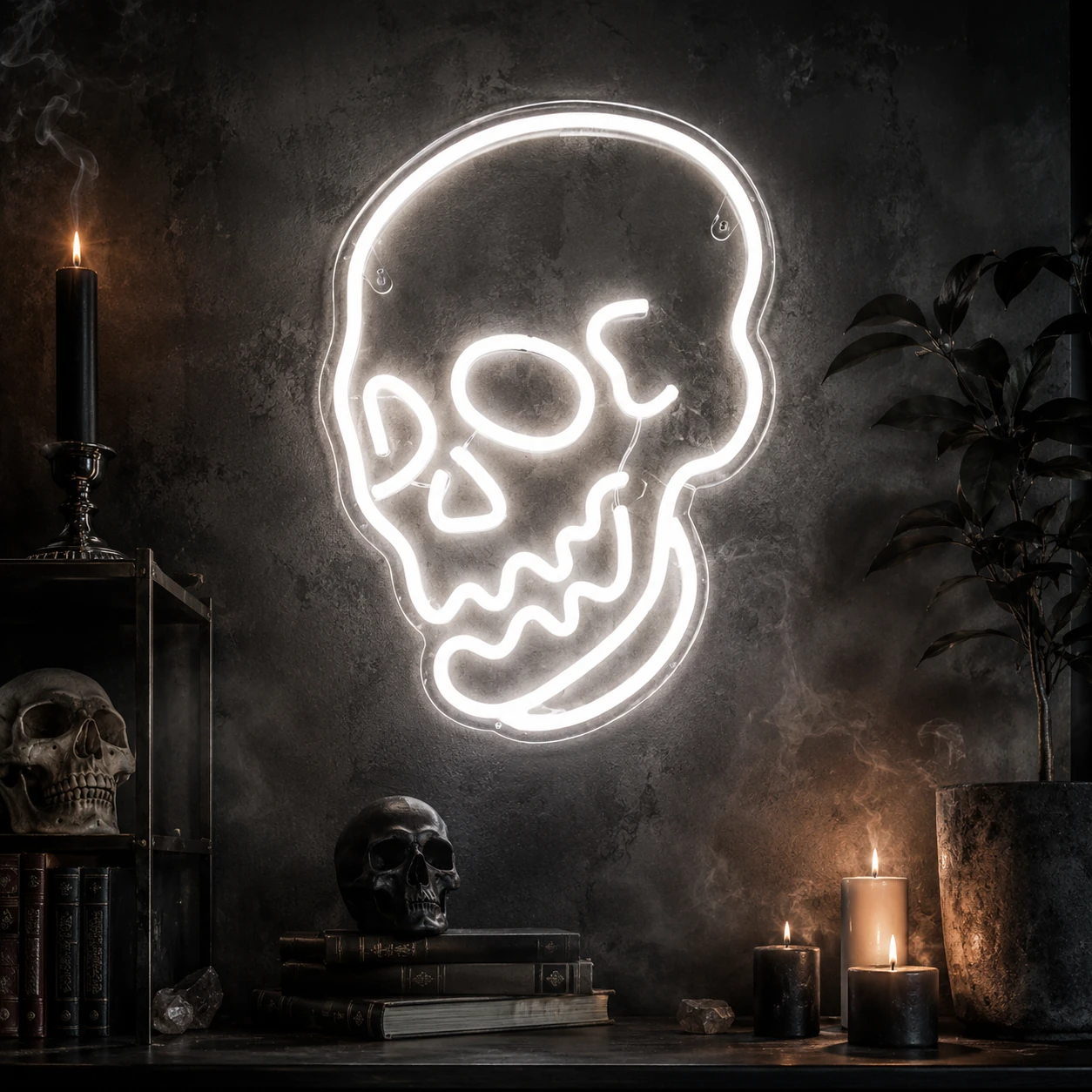Halloween skull neon light sign in a dark themed room