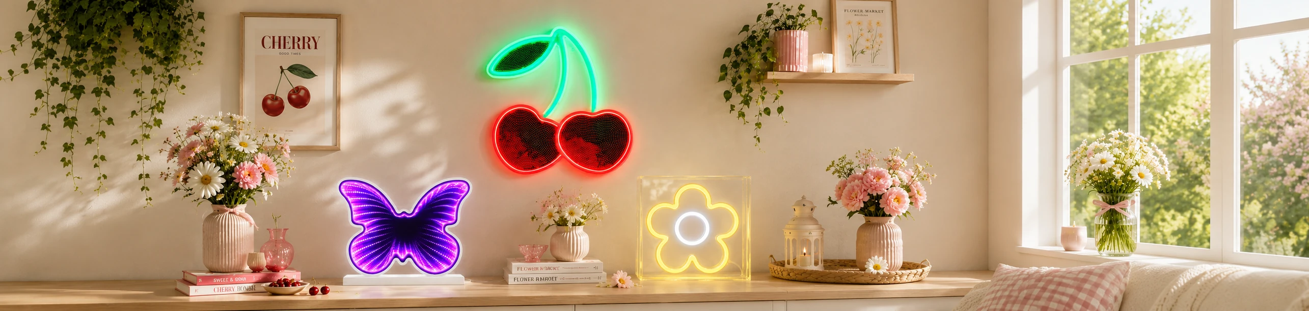 Spring and summer decorative lighting banner with neon cherry, butterfly infinity mirror, and flower light box