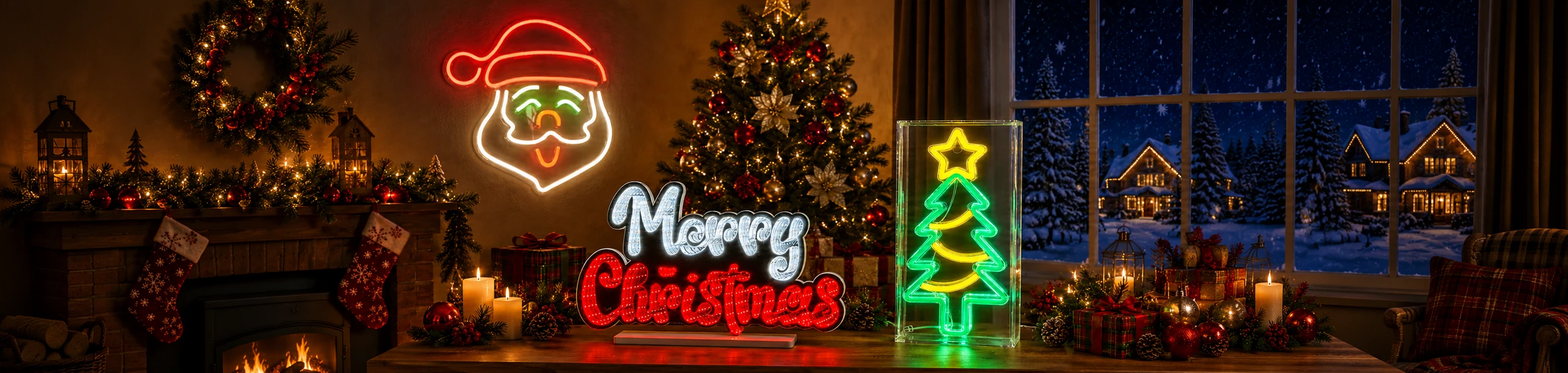 Christmas decorative lighting banner with neon sign, light box, and infinity mirror display