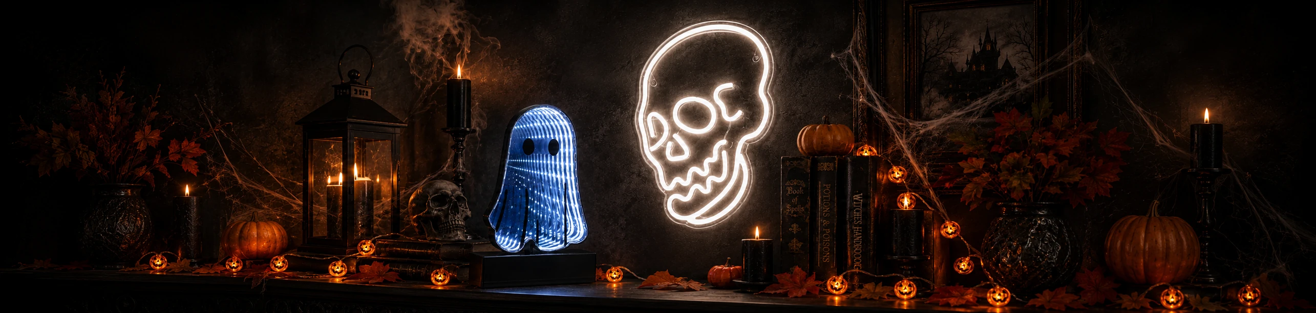 Halloween decorative lighting banner with skull neon light, pumpkin string lights, and ghost infinity mirror light