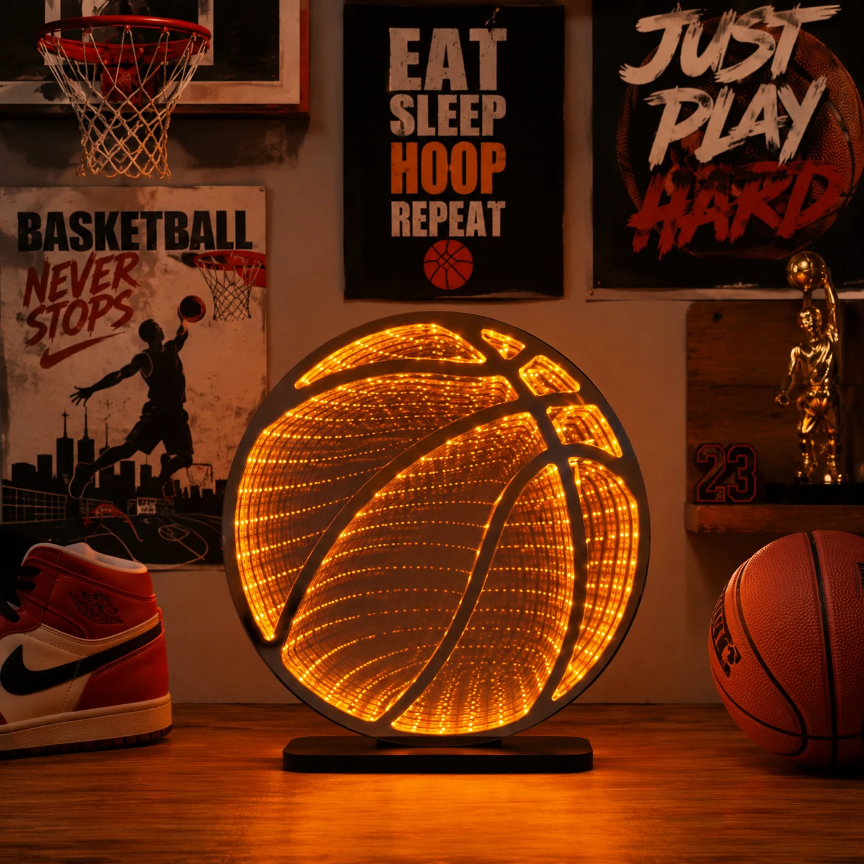 Basketball infinity mirror light glowing orange in a sports-themed room