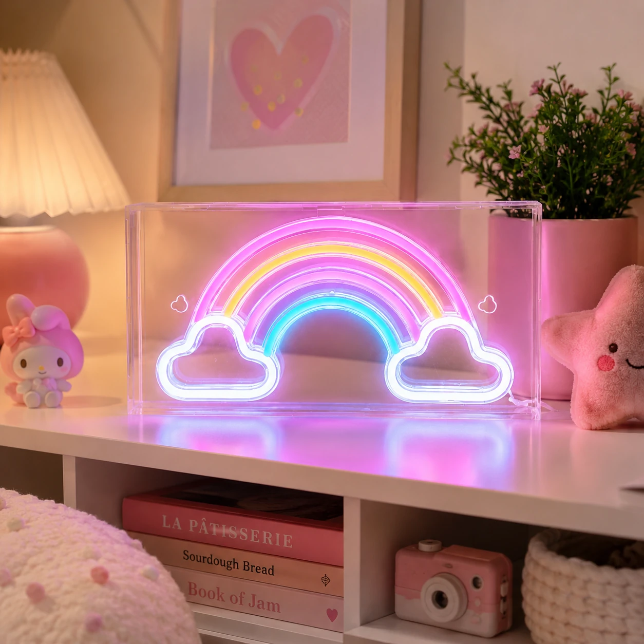 Rainbow neon light box on a bedroom shelf