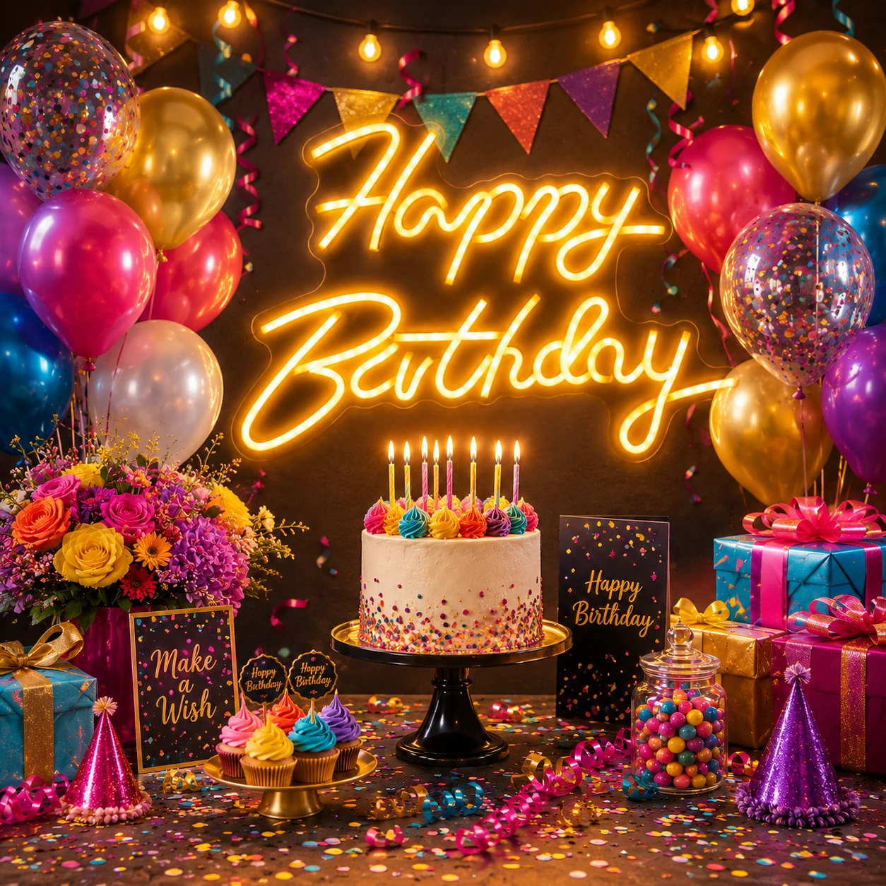 Happy Birthday neon light display with balloons and party decorations