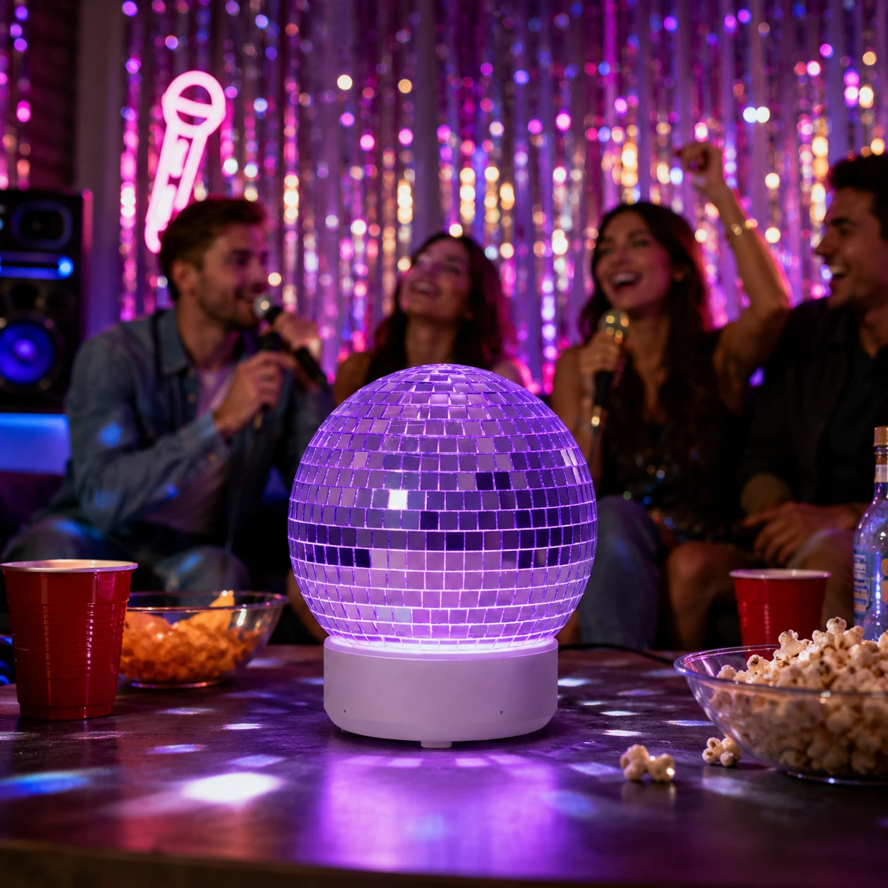 Rotating disco ball light glowing purple at a party