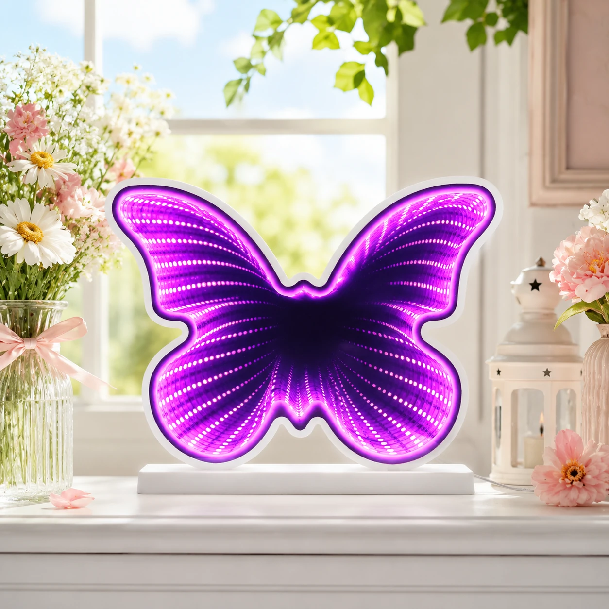 Spring and summer butterfly infinity mirror light near flowers