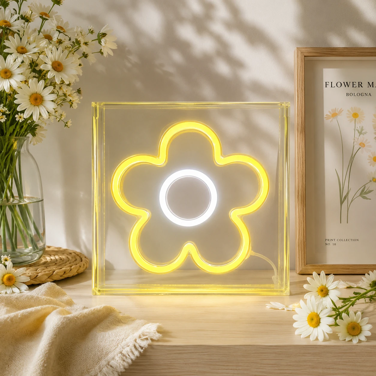 Spring and summer flower neon light box on a tabletop