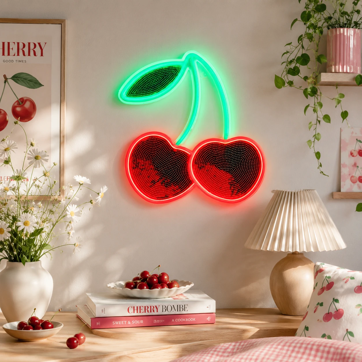 Spring and summer cherry neon light in a bright room